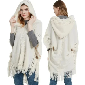 Poncho Automne-Hiver Capuche Blanc Tricot Torsadé