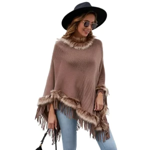 Poncho Bohème Col Fourrure et Franges Taupe