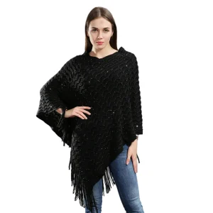 Poncho Paillettes Tricot Asymétrique Longues Franges