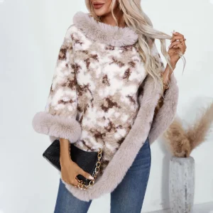 Poncho Pull Fourrure Marbré Douceur Hivernale