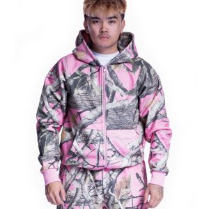 Hoodie à Double Fermeture Éclair Rose Camouflage