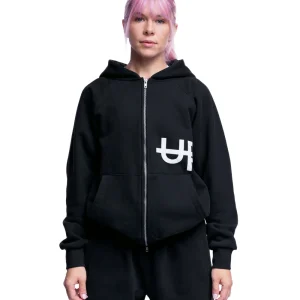 Hoodie à Double Fermeture Éclair Logo Latéral Noir Délavé